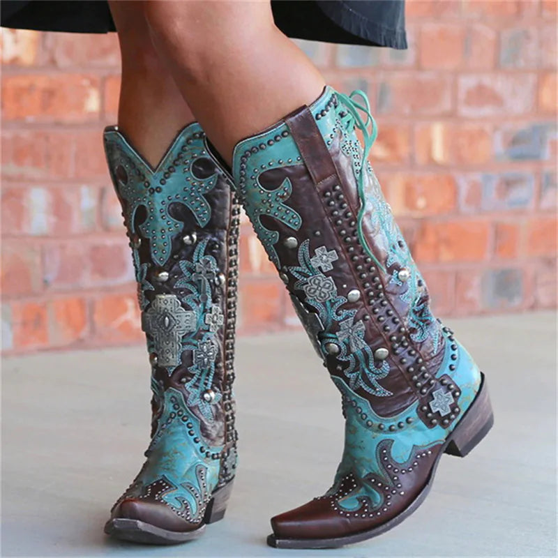 Stylish Embroidered Women's Mid-Calf Boots