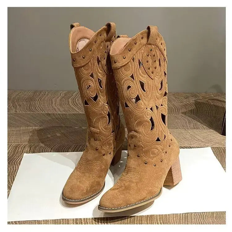 Women's Chic Embroidered Western Boots with Chunky Heel