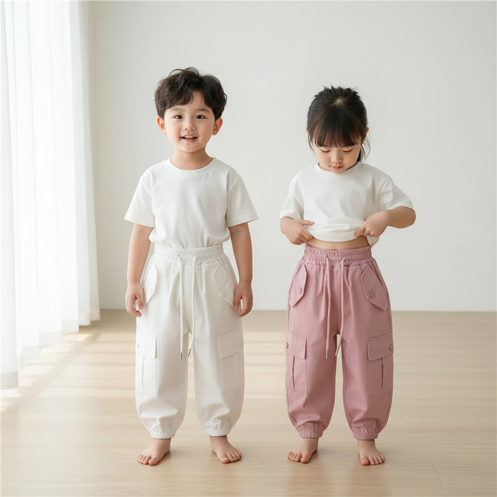 White pants with a button being held, pink pants in the background, Massala brand visible