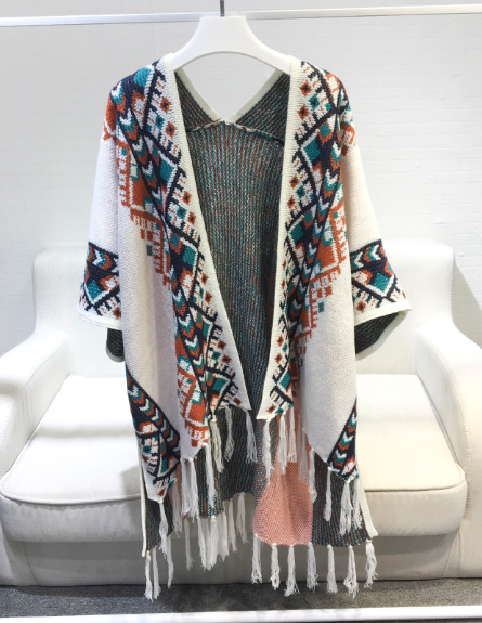 Mid-Length Shawl with Fringe Cape Coat
