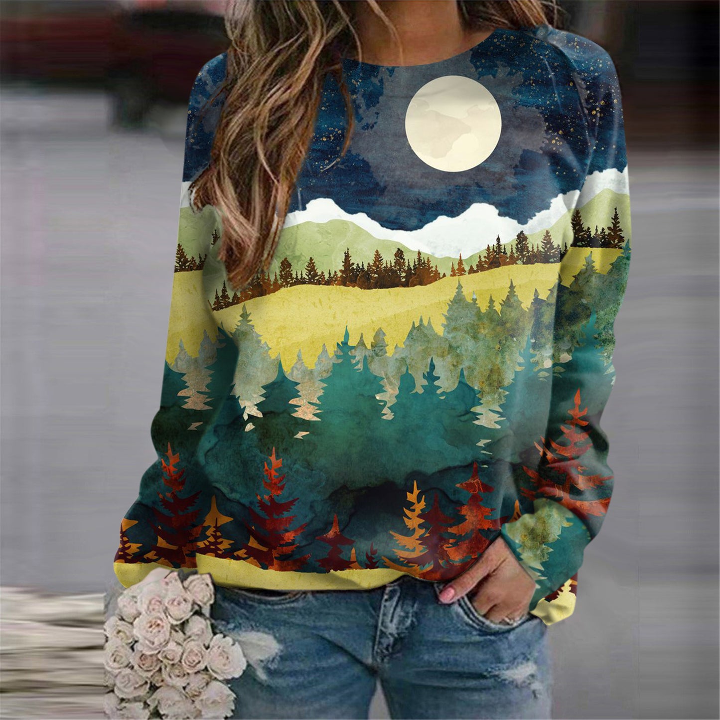 Women's Nordic Landscape Casual Round Neck Sweater