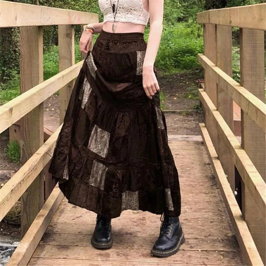 Boho Brown Pleated Maxi Skirt