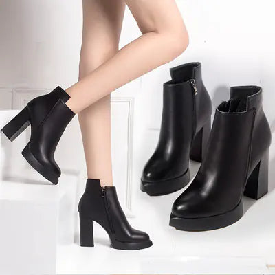 Black Ankle High Heeled Chunky Martin Boots