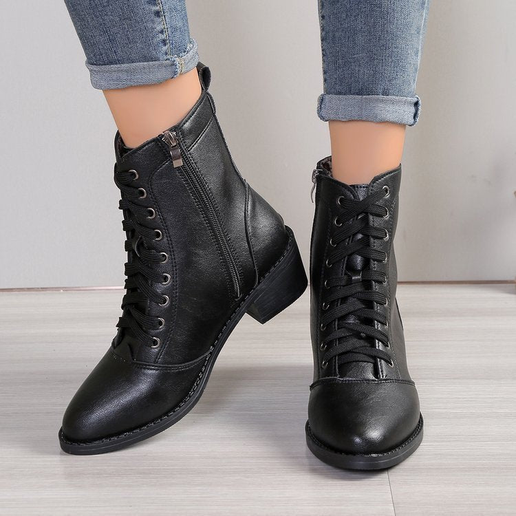 Women's British Style Casual High-top Zipper Leather Boots