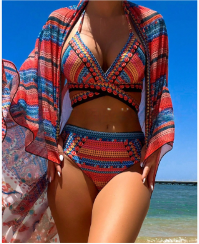 Three-Piece Bikini Set with Shawl