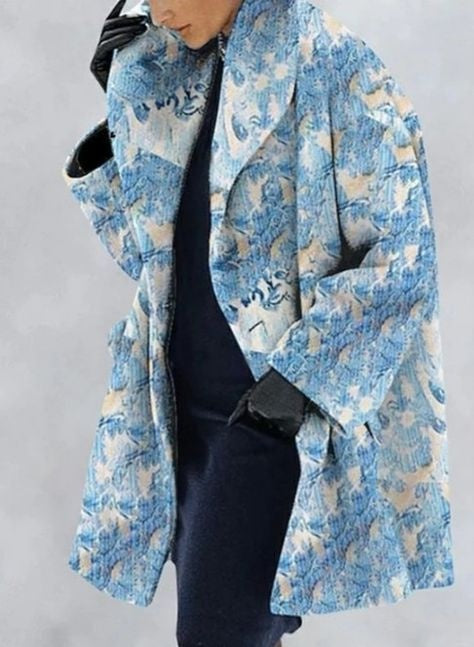 Women's Blue Floral Button Coat