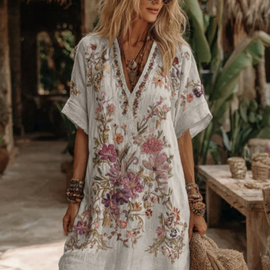 Women's Floral Art V Neck Comfy Midi Dress