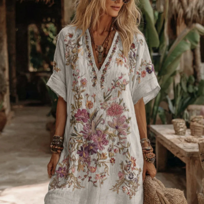 Women's Floral Art V Neck Comfy Midi Dress