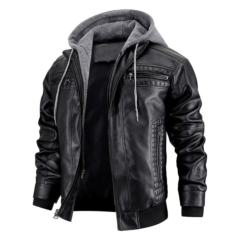 Men's PU Leather Hooded Jacket With Zipper Pockets