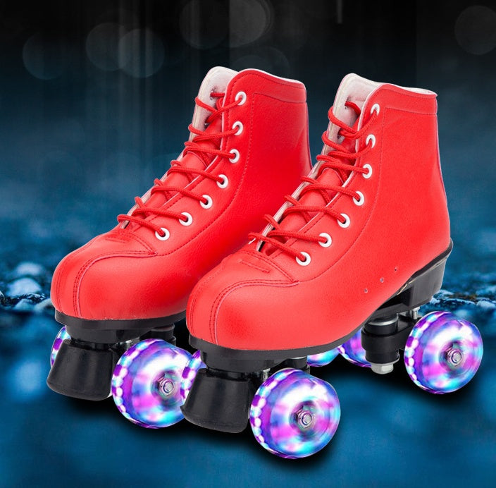 Big Red Cowhide Quad Skates With Flashing Wheels And Wear Resistant Boots