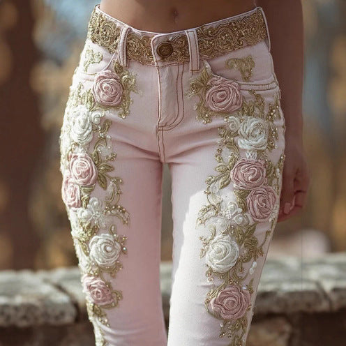 Women's Retro Pink Rose Embroidered Artistic Jeans