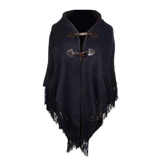 Iristide Womens  Stylish Trumpet Poncho With Double Tassel Black