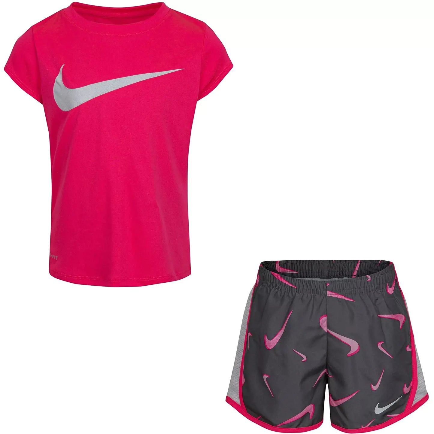 Nike Little Girls Dri-Fit Swoosh Print Tee & Shorts Set Grey/Pink 2T