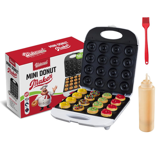 Mercucci Easy Mini Donut Maker - Non-Stick, 16 Donuts, with Batter Bottle & Recipe Guide