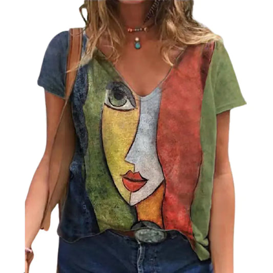 Women's Abstract Figure Print V-Neck T-Shirt