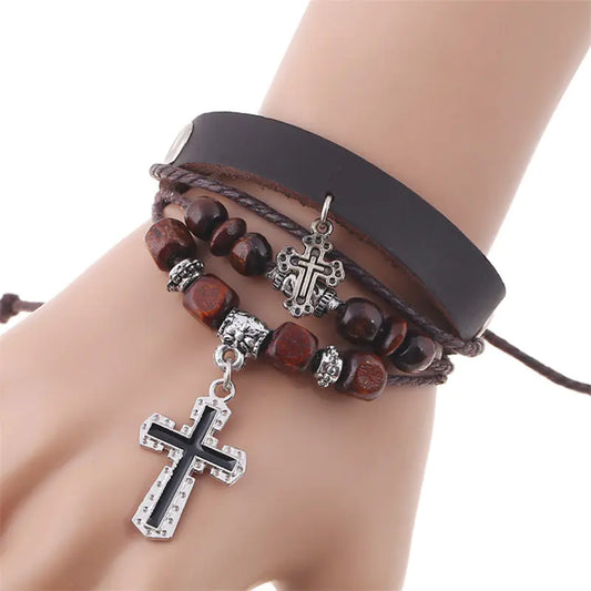 Leather Beaded Bracelet with Cross Design