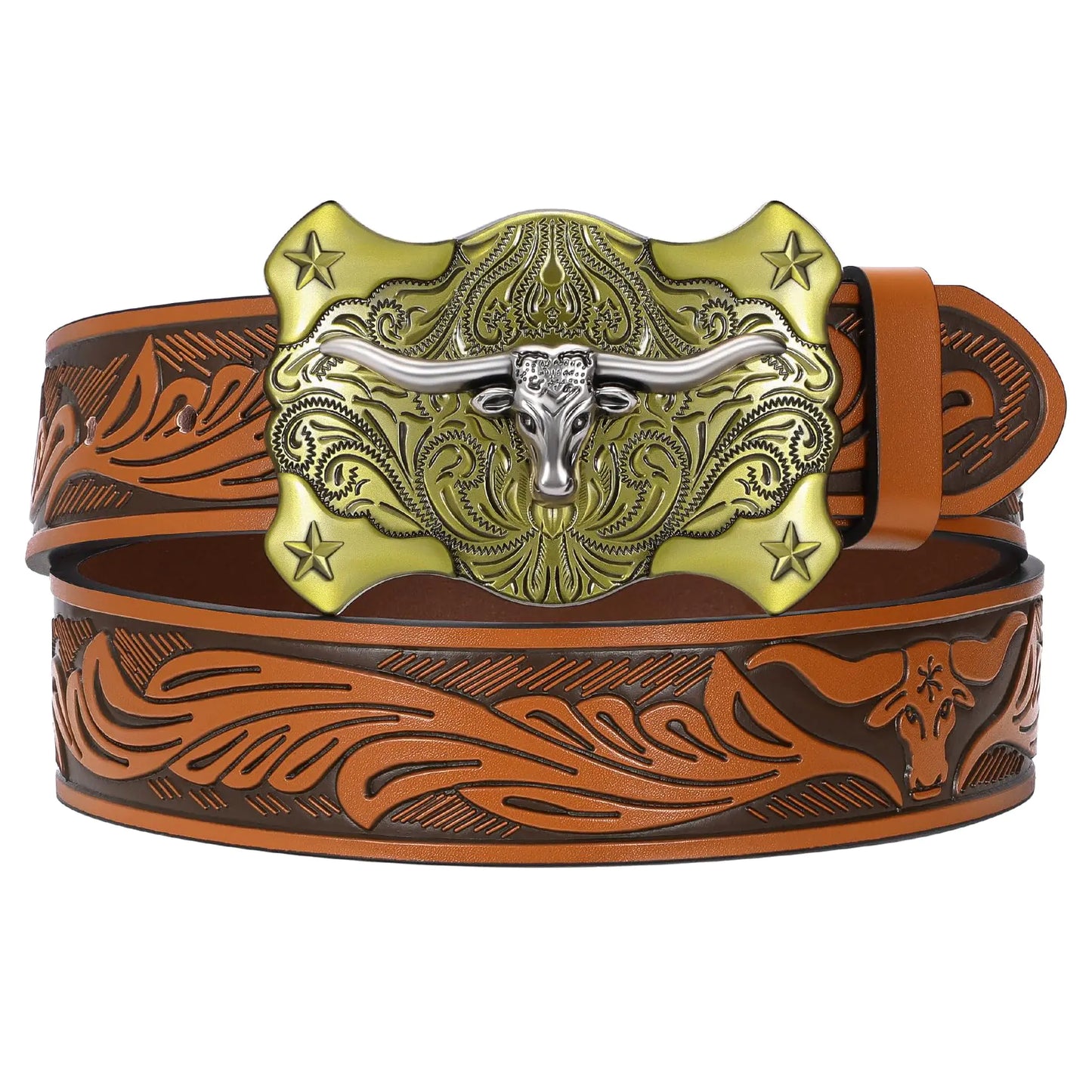 WESTERN FLAIR Embossed Leather Belt with Longhorn Buckle