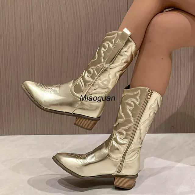 Women's Chic Gold Zip-Up Cowboy Boots