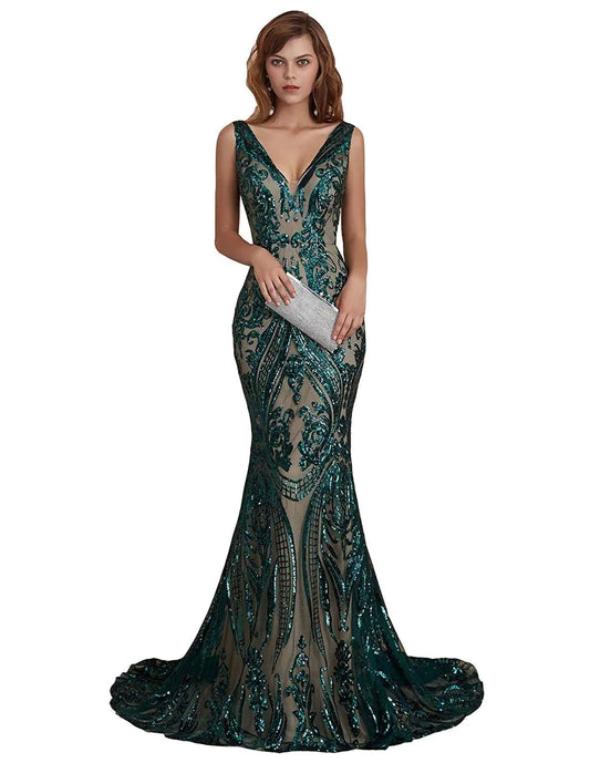 Leyidress Women's Sequin V Neck Mermaid Dress - Green
