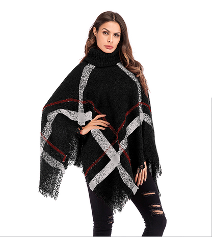 Plaid Fringe Cape Shawl and Knitted Sweater