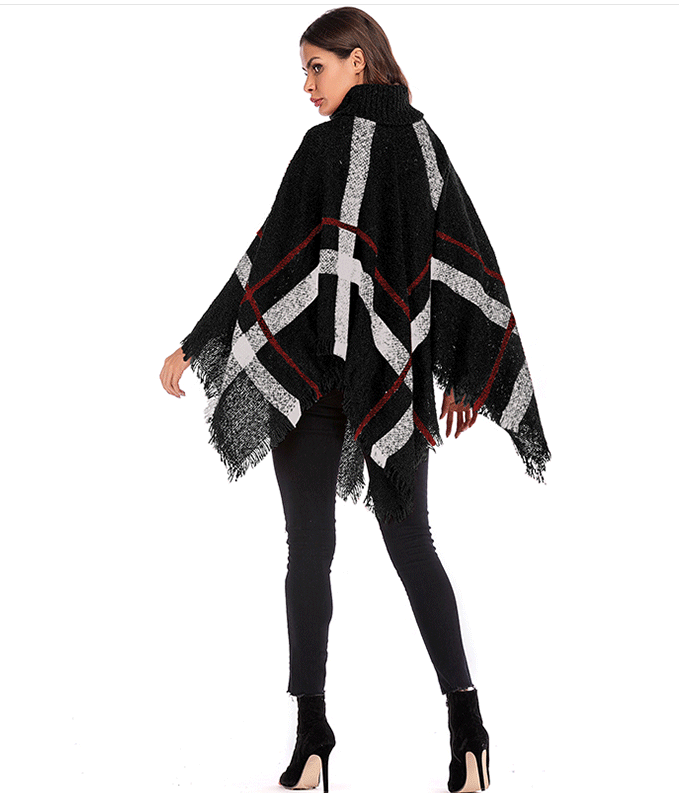 Plaid Fringe Cape Shawl and Knitted Sweater