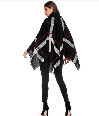 Plaid Fringe Cape Shawl and Knitted Sweater