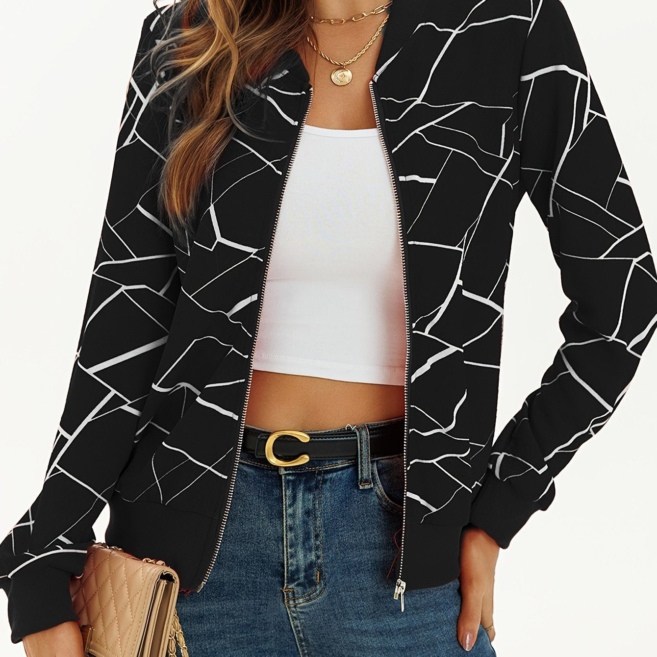 Women's Elegant Patterned Zip Up Bomber Jacket