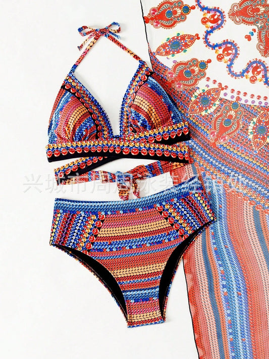 Three-Piece Bikini Set with Shawl