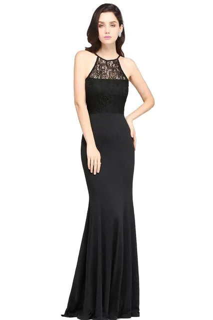 Women's Mermaid Halter Black Lace Evening Dress