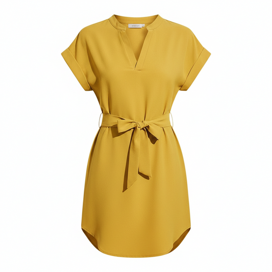 V-neck Short Sleeve Dress With Belt Summer