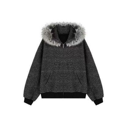Women's Vintage Fur Collar Hooded Zipper Cardigan Sweater