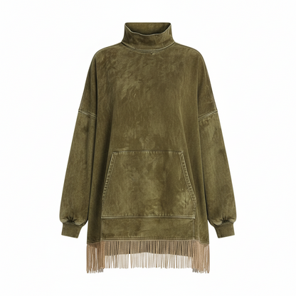 Loose Pockets Tassel Long Sleeve Suede Dress