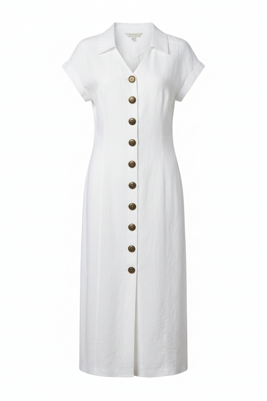 White Short Sleeve Lapel Slim-fit Cardigan Midi Dress