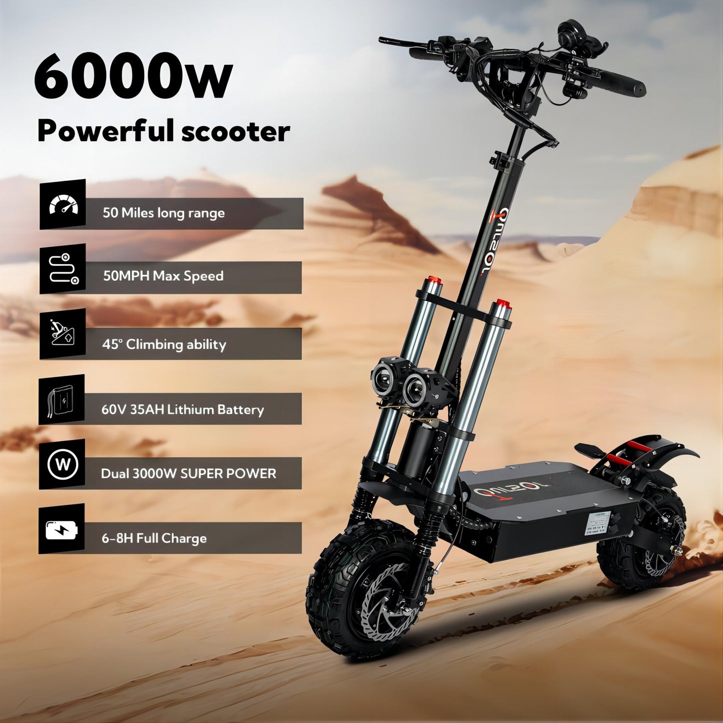 6000W Power Dual Motor Top Speed 50MPH Electric Scooter With Seat - 60V 35Ah Battery 50 Miles Range (11" Off-Road Tires)