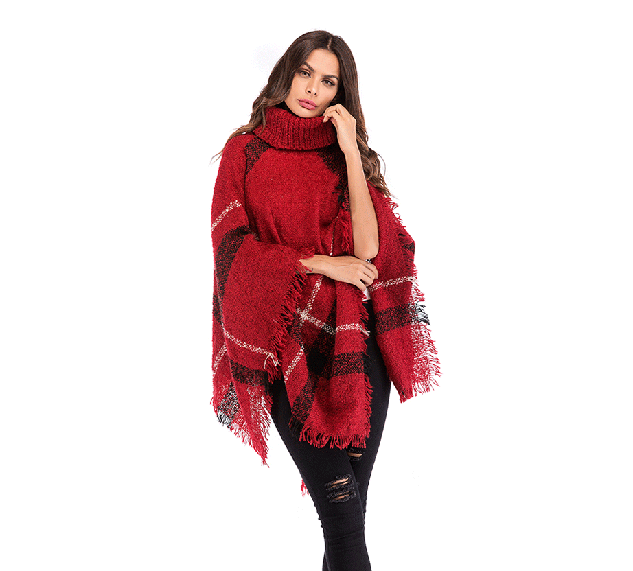 Plaid Fringe Cape Shawl and Knitted Sweater