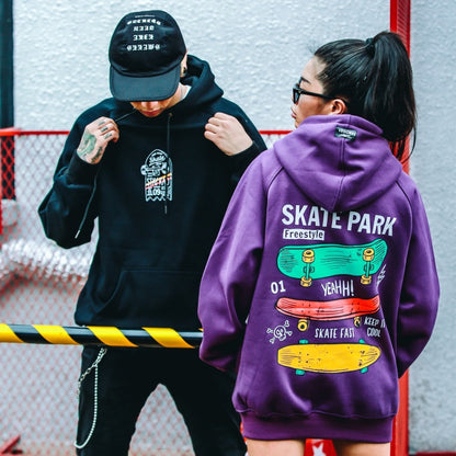 Skate Park Cartoon Print Oversized Hoodie for Couples