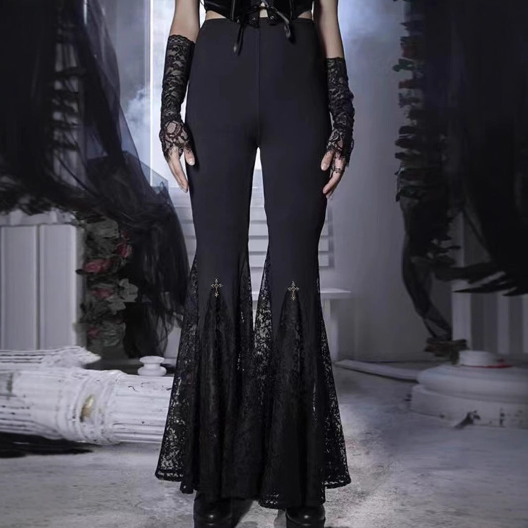 Laced Stitching Dark Style Cross Bell-bottom Pants