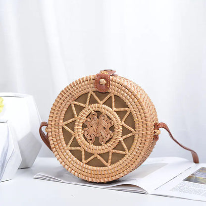Handmade Rattan Hollow Star Bag with PU Leather Strap