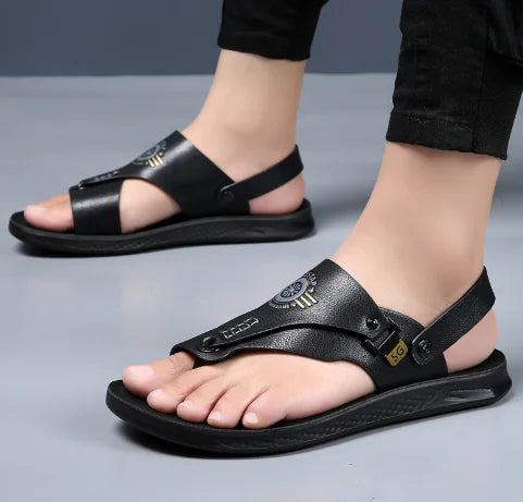 Men's Genuine Leather Flip Sandals - Black (One Pair)