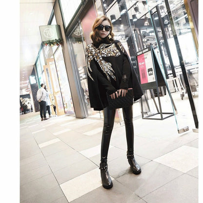 Embroidered Flying Woman Sequin Poncho with Beading