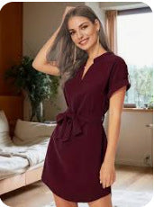 V-neck Short Sleeve Dress With Belt Summer