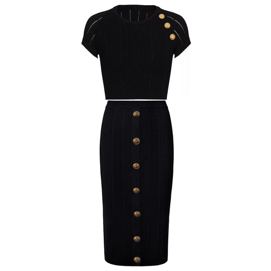 Knitted T-shirt Top Half-length Midi Skirt Suit