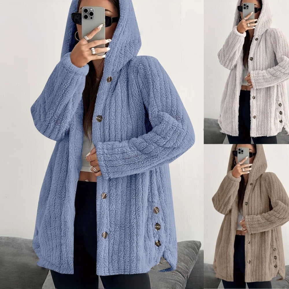 Women's Regular Sleeve Hooded Loose Plush Coat