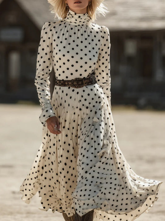 Polka Dot High-neck Long-sleeved Fitted Midi Dress