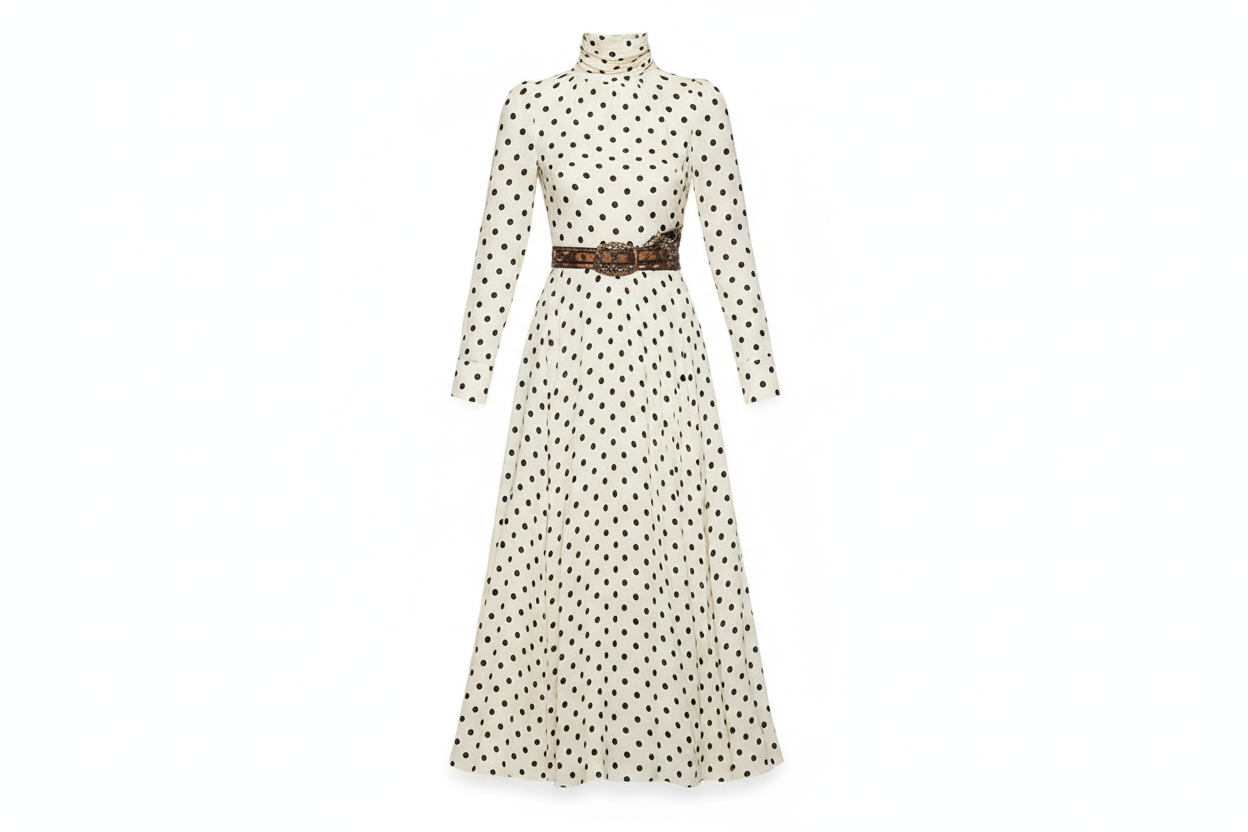 Polka Dot High-neck Long-sleeved Fitted Midi Dress