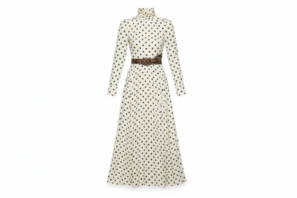 Polka Dot High-neck Long-sleeved Fitted Midi Dress