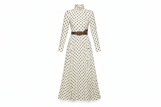Polka Dot High-neck Long-sleeved Fitted Midi Dress
