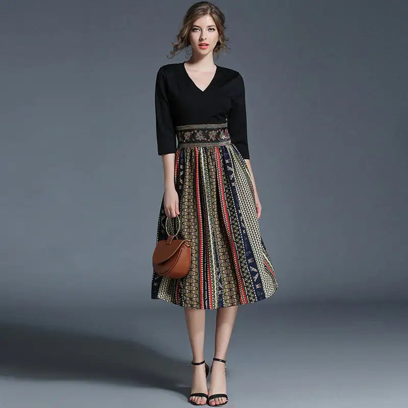 Chic Retro Color Block V-Neck Dress