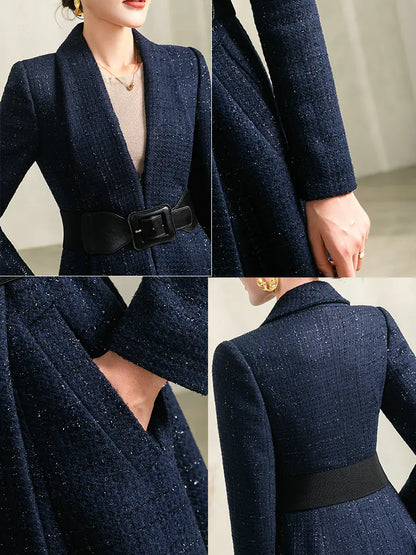 Women's Autumn Blue Plaid Wool Coat with Collar