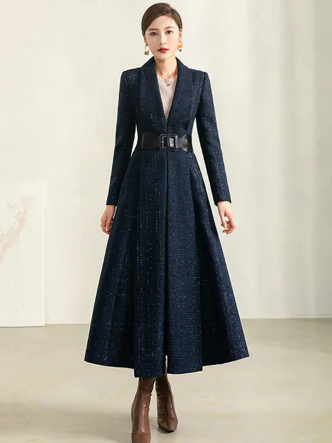 Women's Autumn Blue Plaid Wool Coat with Collar
